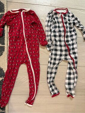 Kickee Pants Red Penguin Print Footed Pajama and Black White Plaid One-Piece Set